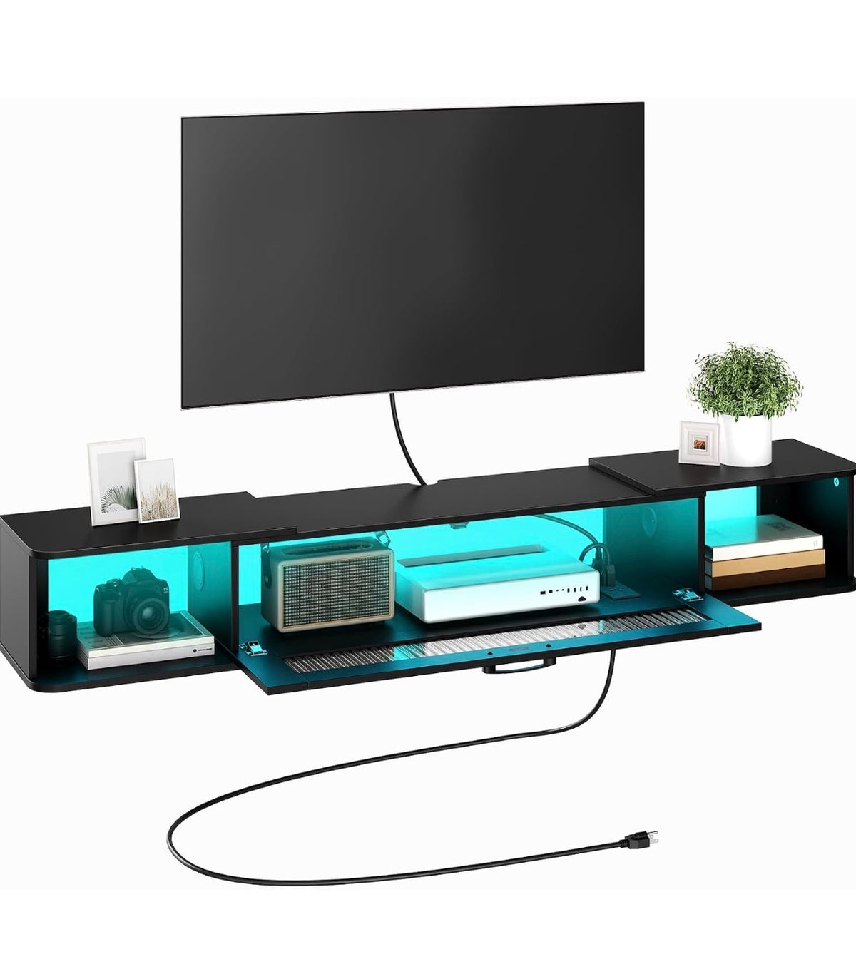 Floating Tv Stand with LED Light Power Outlet for TVs Up to 65 Inch Wall mounted TV Shelf, Modern Media Console Entertainment Center Under TV, for Living Room Bedroom (Black) (New in Box)
