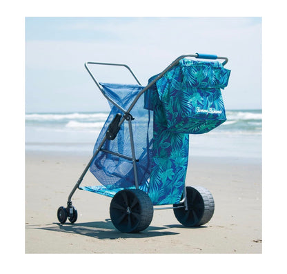 Tommy Bahana Wonder Wheeler Deluxe Folding Beach Cart Holds Up to 48 Qt. Cooler and 4 Chairs, One Handed Setup, 10 in Tread Wheels, Umbrella Holder, Removable Shoulder Tote (Blue) (New in Box)