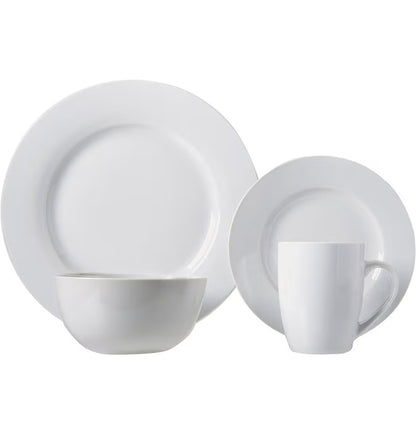 16 Piece Porcelain Dinnerware Set, Microwave and Dishwasher Safe, Service for 4, Plates, Bowls and Mugs (White) (New in Box)