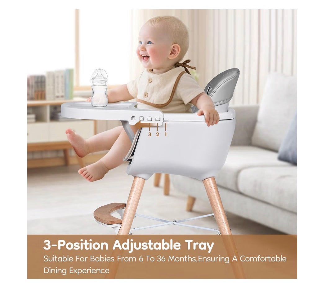 High Chair for Babies and Toddlers, 3-in-1 Convertible Wooden Highchair, Baby High Chair with Adjustable Legs, 5 Point Harness, Footrest, Dishwasher-Safe Tray & PU Leather Cushion (Gray) (New in Box)