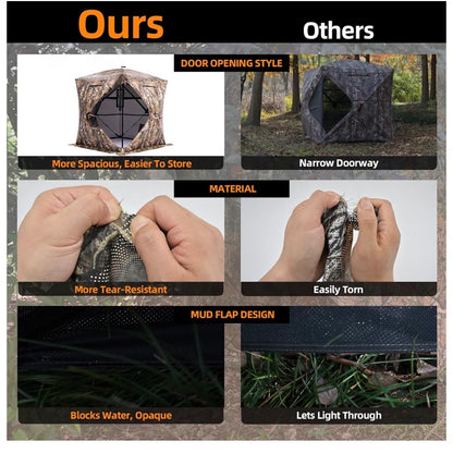 360/270 Degree See Through Hunting Blind, Pop Up Ground Blind 2-3 Person Hunting Blind for Hunting Deer and Turkey, with Diamond Shaped Door, Mud Flap and Portable Carry Bag (New in Box)