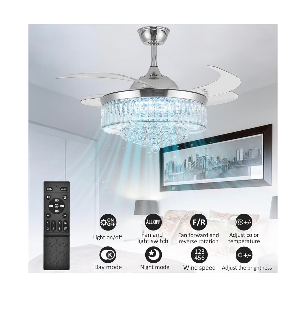 42 Inch Crystal Ceiling Fan with Light, Silvery Chandelier Fan with Remote, 6 Speeds, 3 Colors Changes, 4 Blades Rectangle Ceiling Fan for Bedroom, Living Room, Dining Room (Silver) (New in Box)