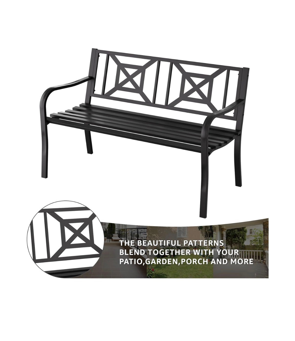 Outdoor Bench Garden Bench Patio Bench, Weatherproof Anti-Rust metal Powder Coated Frame Park Bench, for Yard & Porch & Park (New in Box)
