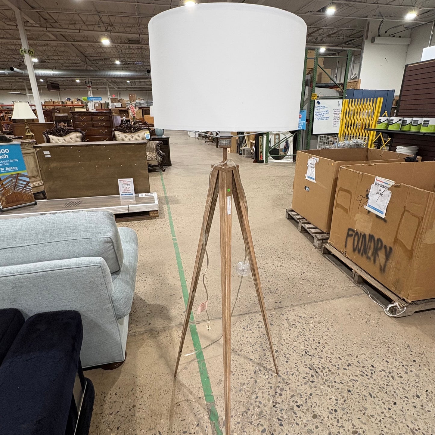 Faux Wood Metal Tripod Lamp