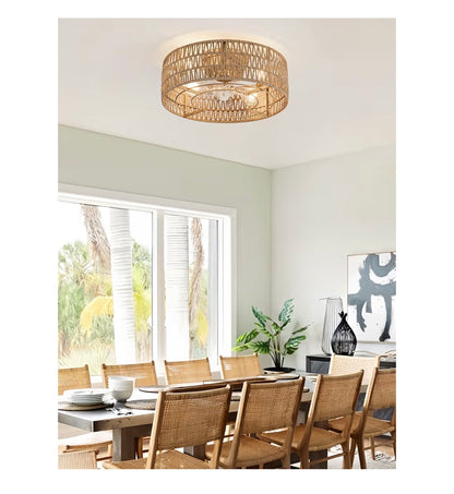 Boho Caged Flush Mount Ceiling Fan with Lights and Remote Control Hand Woven Rattan Chandelier with 6 Speeds Reversible and Timer Enclosed Design for Living Room, Bedroom, or Dining Room (New in Box) (Gold)