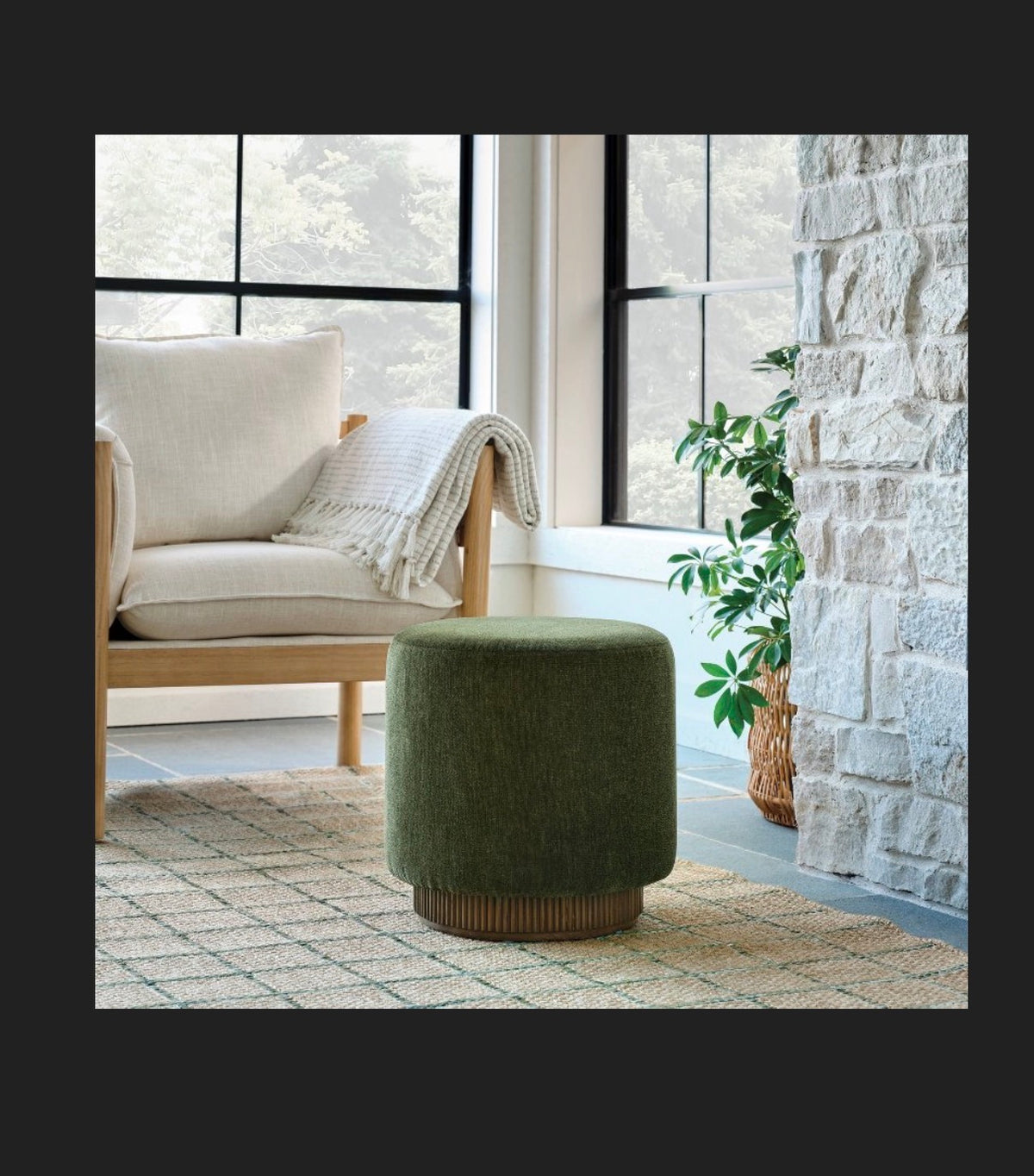 Upholstered Drum Ottoman with Lifting Storage (Olive Green) (New in Box)