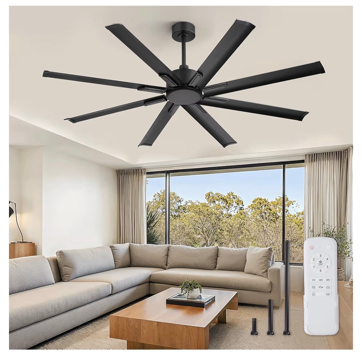 65 Inch No Light Large Industrial Ceiling Fan with 8 Aluminum Blades, Quiet DC Motor, 6 Speeds, Modern Ceiling Fan without Light for Garage/Shop/Living Room (Black) (New in Box)