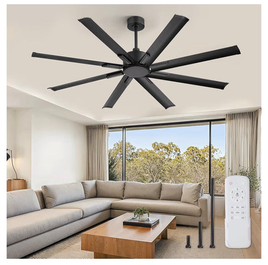 65 Inch No Light Large Industrial Ceiling Fan with 8 Aluminum Blades, Quiet DC Motor, 6 Speeds, Modern Ceiling Fan without Light for Garage/Shop/Living Room (Black) (New in Box)