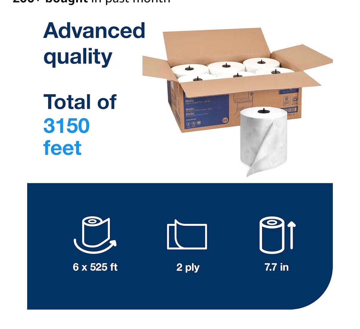 Tork Matic Hand Towel Roll, White With Gray Leaf, Advanced, H1, 100% Recycled Fiber, High Absorbency, Medium Capacity, 2-Ply, 6 Rolls x 525 ft - 290092A
