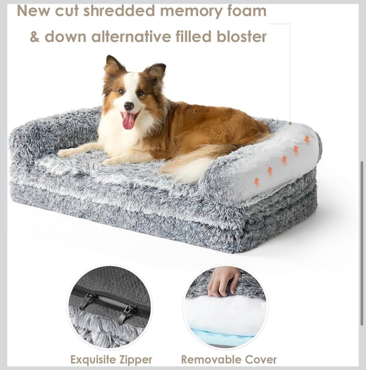 Foldable XL Dog Bed 46 Inch X 34 Inch X 6.5 Inch Faux Fur Fluffy Pet Couch Bed for Large Dogs, Orthopedic Calming Memory Foam Big Pet Bed, Washable Soft Pet Sofa Bed with Non-Slip Bottom (Gray) (New in Box)