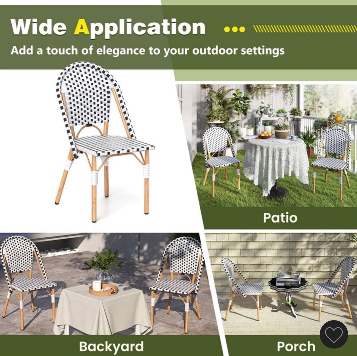 Costway Set of 2 French Bistro Chairs, Outdoor Armless Dining Chairs with Handwoven Rattan and Galvanized Metal Frame (Black/White) (New in Box)
