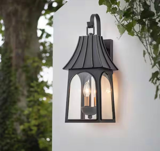 Forgeglow 20.9 inch 3 light Black/Gold outdoor hardwired wall lantern sconce with clear glass