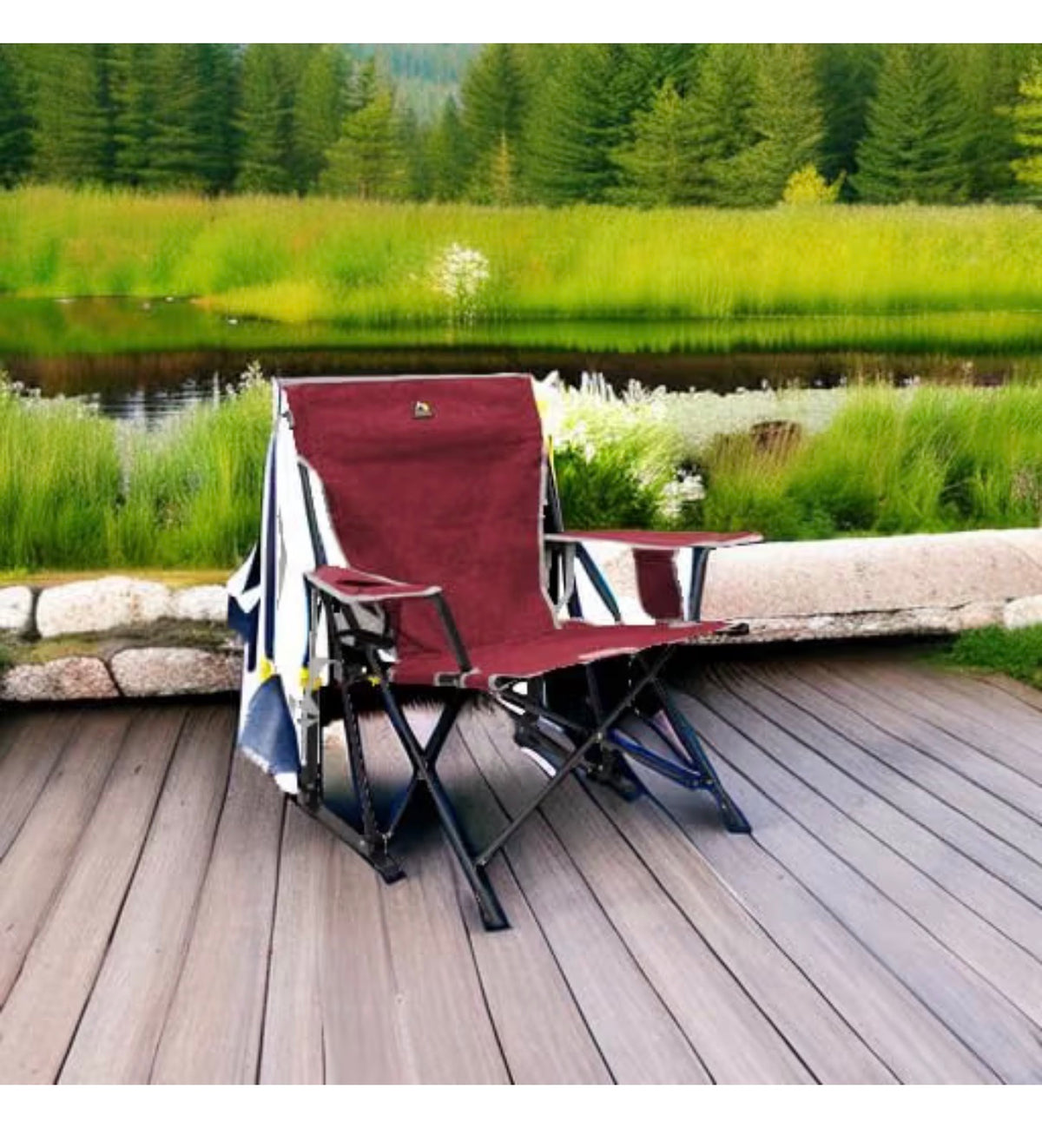 GCI Outdoor Kickback Rocker Camping Chair Portable Folding Rocking Chair with Durable Armrests, Drink Holder & relaxed Lowered Seat for Comfort (Red) (New in Box)