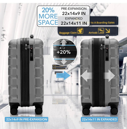 Charcoal- Flight Knight 22x14x9" Expandable Carry On Suitcase Hardside TSA Lock USB C Port Lightweight Luggage