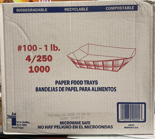 #100 - 1LB Paper Food Trays  (4) 250 count