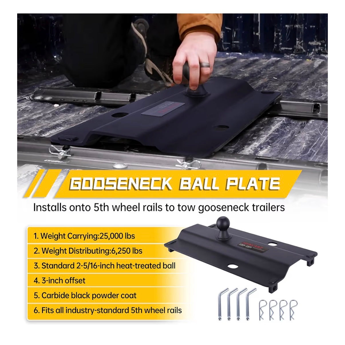 25000lbs Gooseneck Ball Plate Fit for 5th Wheel Rails, Gooseneck Adapter Hitch for Pickup Truck Bed Trailer Towing, 2-5/16 Inch Ball, Fits Industry Standard Rails, Carbide Black Powder Coat (New in Box)