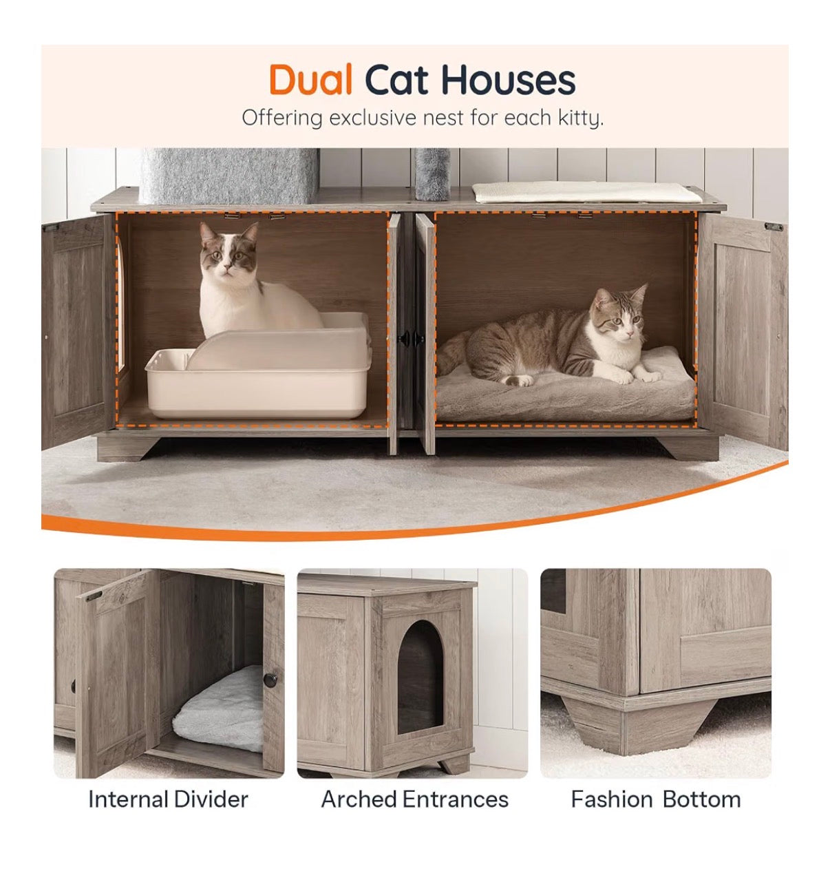 Double Litter Box Enclosure with Cat Tree, 45.3 Inch Length X 17.7 Inch Width X 68.9 Inch Height All in One Modern Cat Tower with Bed, Hidden Litter Box Enclosure Furniture, with Hammock (Geige) (New in Box)