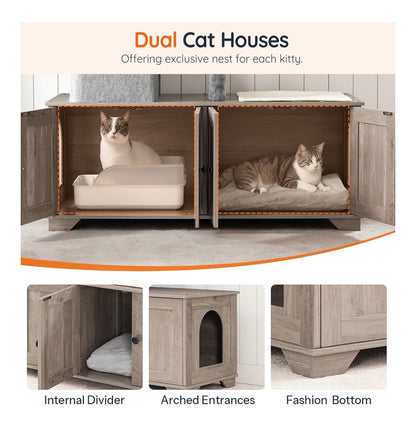 Double Litter Box Enclosure with Cat Tree, 45.3 Inch Length X 17.7 Inch Width X 68.9 Inch Height All in One Modern Cat Tower with Bed, Hidden Litter Box Enclosure Furniture, with Hammock (Geige) (New in Box)