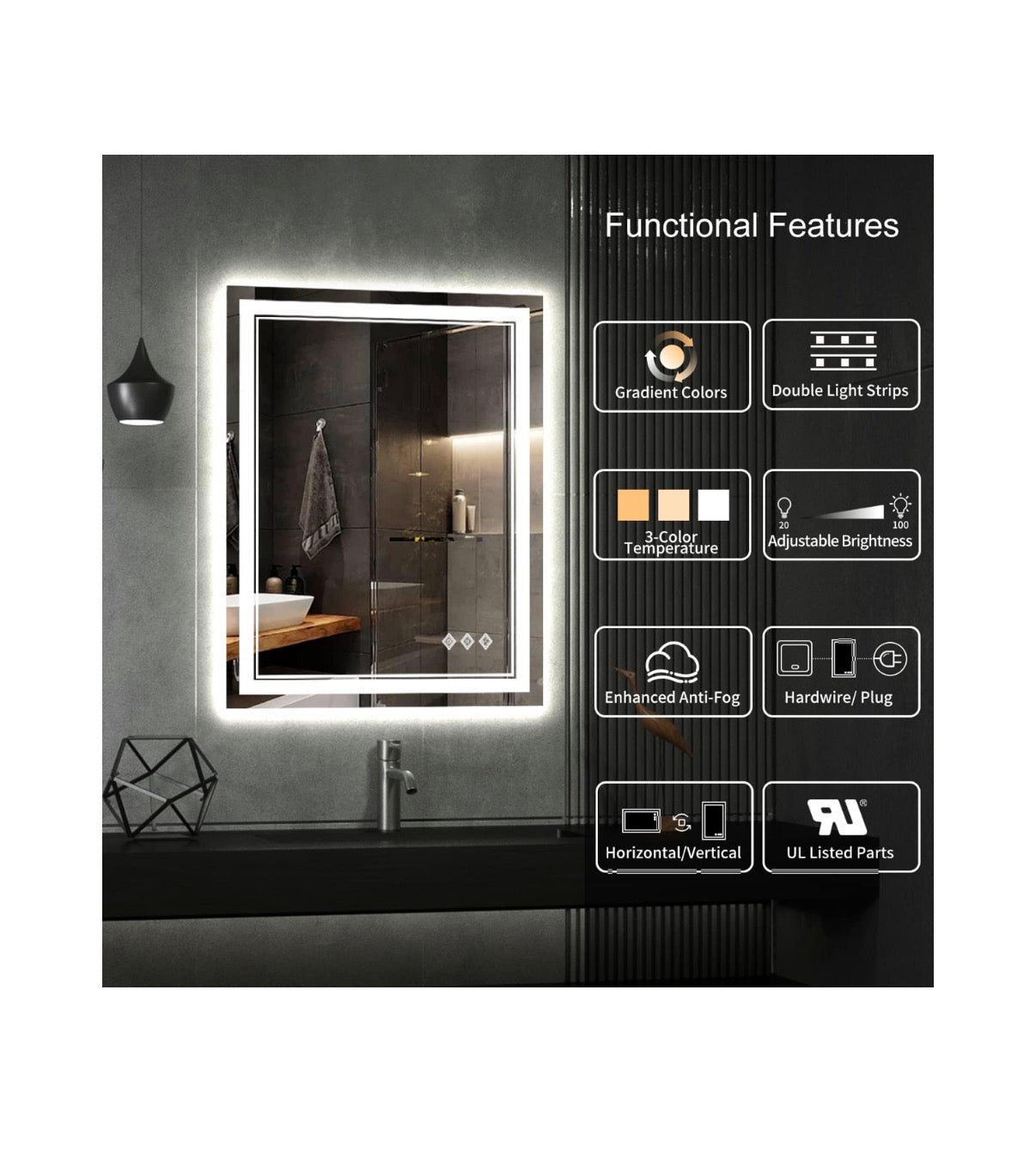 LED Bathroom Mirror 24 Inch X 32 Inch Vanity Mirror with Lights Gradient Front and Backlit Bathroom Mirror with Lights, 3 colors Dimmable CRI>90, IP54 Enhanced Anti-Fog (New in Box)
