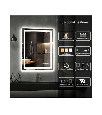 LED Bathroom Mirror 24 Inch X 32 Inch Vanity Mirror with Lights Gradient Front and Backlit Bathroom Mirror with Lights, 3 colors Dimmable CRI>90, IP54 Enhanced Anti-Fog (New in Box)