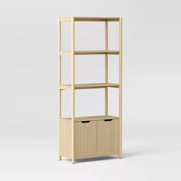 (New) 72.25" Scandi Bookcase with Three Shelves And Cabinet Storage Natural
