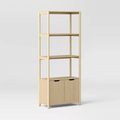 (New) 72.25" Scandi Bookcase with Three Shelves And Cabinet Storage Natural