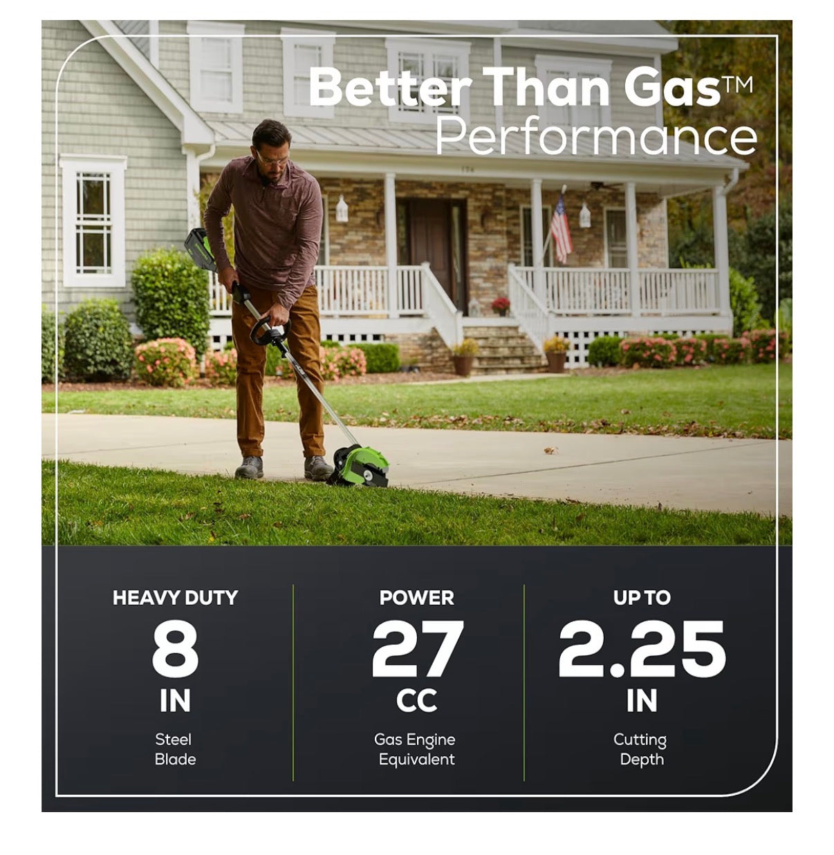 Greenworks 80V All Terrain Brushless Edger, 8 Inch Steel Blade, 2.25 Inch Pro Depth & Tool Free Adjust, 27cc Gas Power Equivalent, Battery and Charger Not Included (New in Box)
