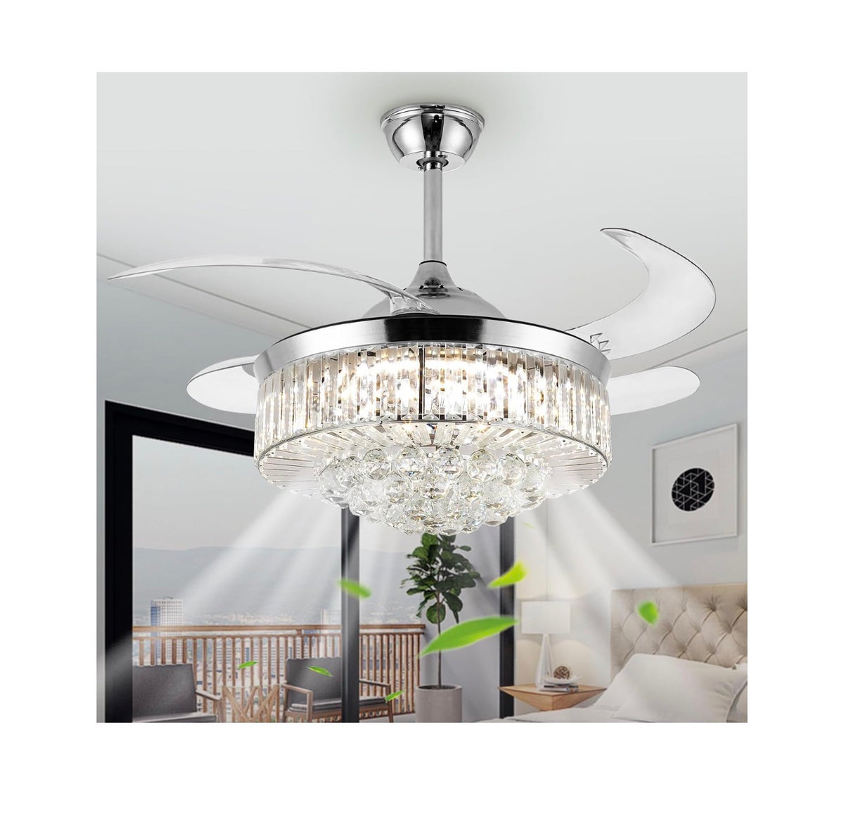 42 Inch Crystal Ceiling Fan with Light, Silvery Chandelier Fan with Remote, 6 Speeds, 3 Colors Changes, 4 Blades Rectangle Ceiling Fan for Bedroom, Living Room, Dining Room (Silver) (New in Box)