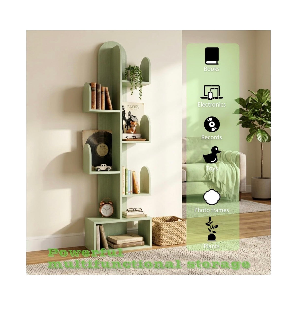 Cactus Tree Bookshelf, 5 Tier Wood 50 Inch Tall Storage Rack for CDs, Movies, Books, Small Space Saving Organizer Shelves for Living Room, Bedroom, Home, Office (Mist Green) (New in Box)