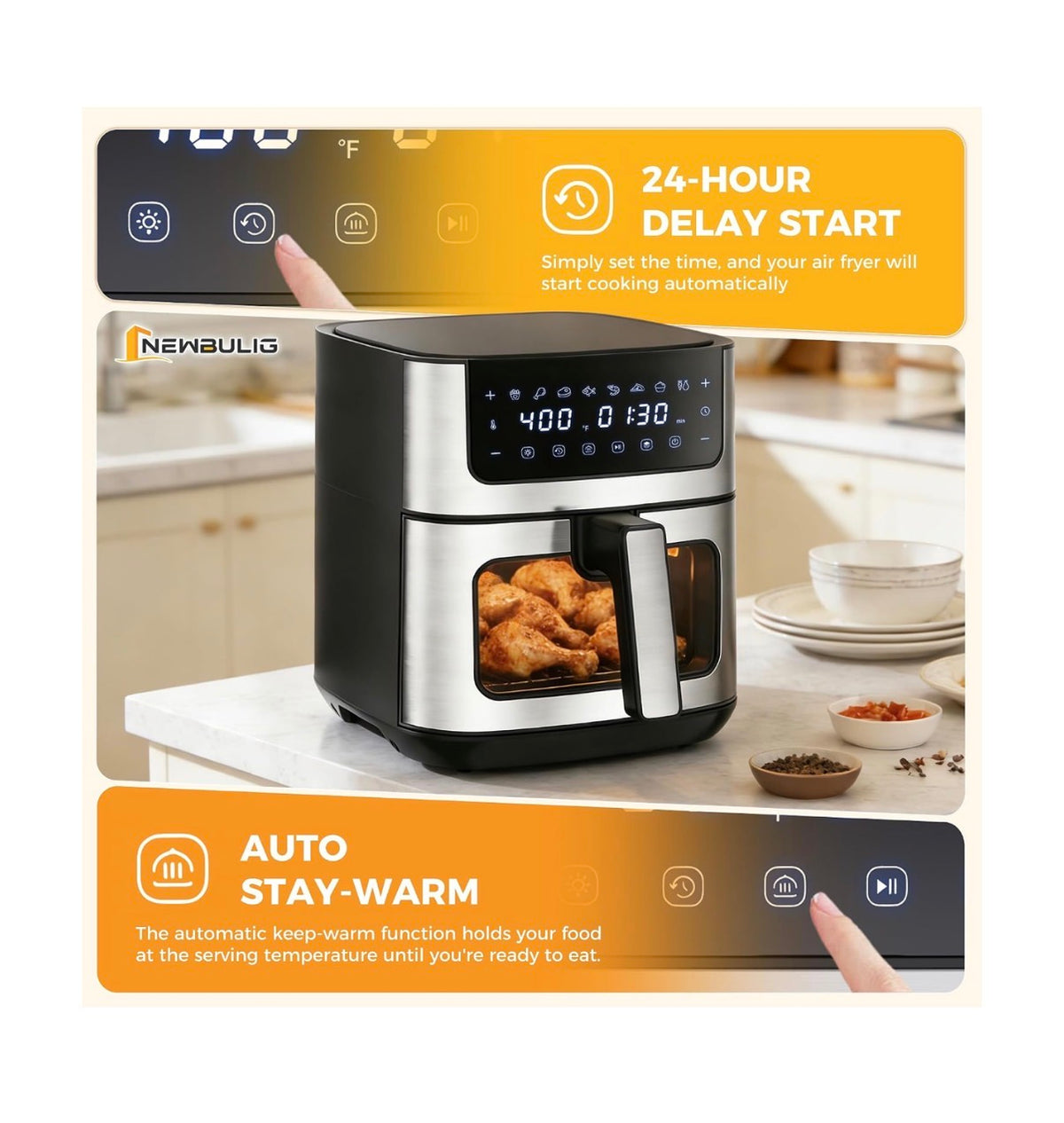 NEWBULIG Air Fryer 6.34 Qt. Air fryer with Visible Window 400 Degrees Fahrenheit Fast Heating Stainless Steel Air Fryers Oven with Nonstick and Dishwasher Safe Basket 8-in-1 Cooking Preset with Timer Auto-Off (Jet Black) (New in Box)