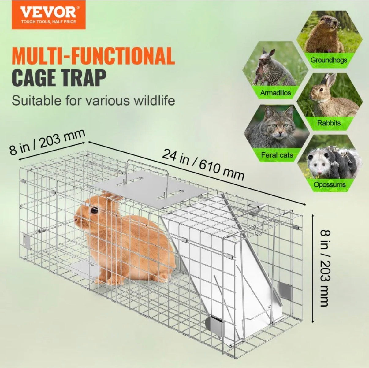 VEVOR Live Animal Cage Trap, 24" x 8" x 8" Humane Cat Trap Galvanized Iron, Folding Animal Trap with Handle for Rabbits, Stray Cats, Squirrels, Raccoons, Groundhogs and Opossums- new in box