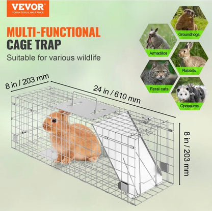 VEVOR Live Animal Cage Trap, 24" x 8" x 8" Humane Cat Trap Galvanized Iron, Folding Animal Trap with Handle for Rabbits, Stray Cats, Squirrels, Raccoons, Groundhogs and Opossums- new in box