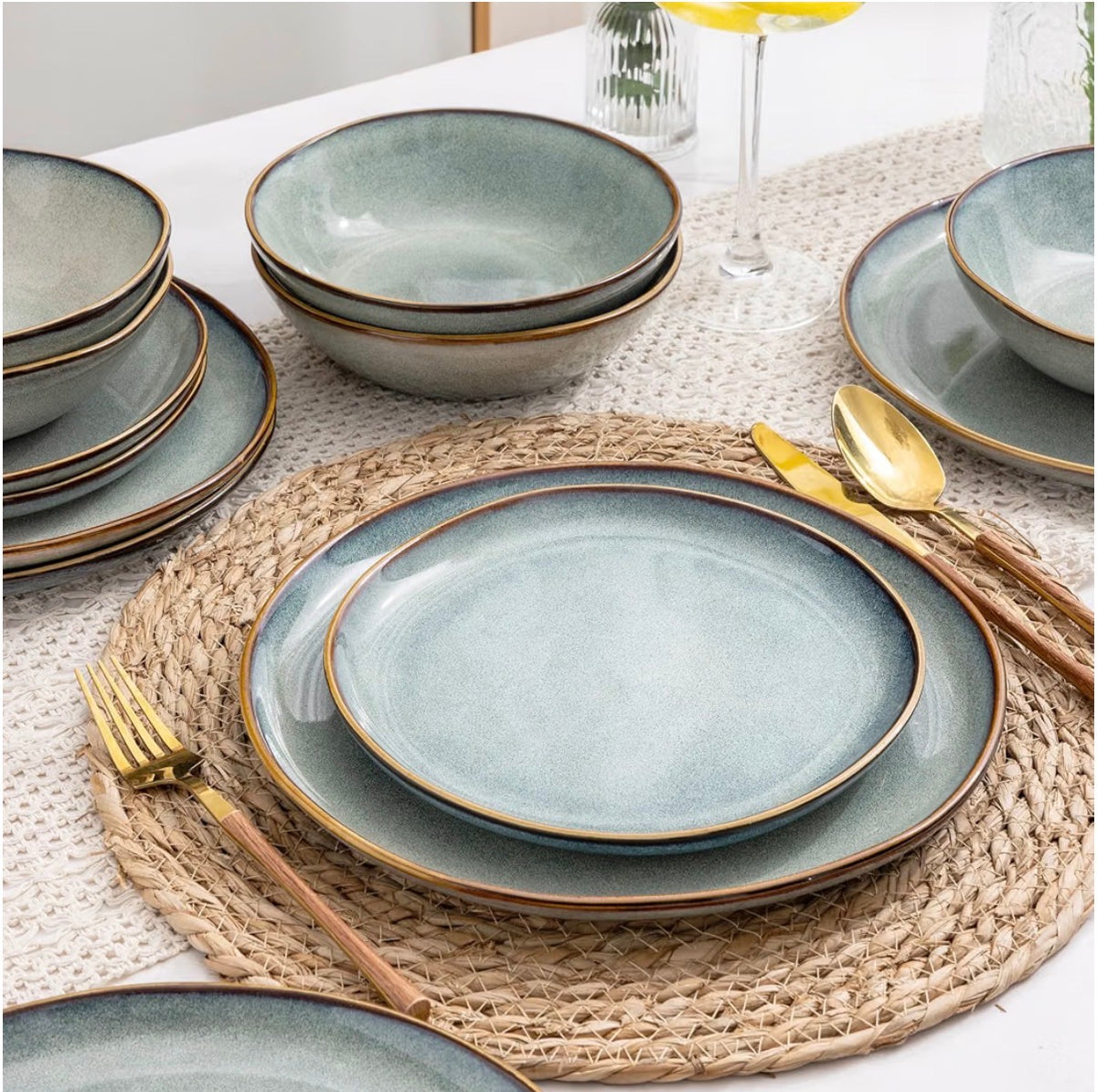 AmorArc Ceramic Dinnerware Sets for 6, 18 Pieces Plates and Bowls Set Stoneware Handmade Reactive Glaze Dinner Set, Highly Scratch Resistant Dishwasher & Microwave Safe (Ocean Color) (New in Box)