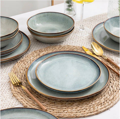 AmorArc Ceramic Dinnerware Sets for 6, 18 Pieces Plates and Bowls Set Stoneware Handmade Reactive Glaze Dinner Set, Highly Scratch Resistant Dishwasher & Microwave Safe (Ocean Color) (New in Box)
