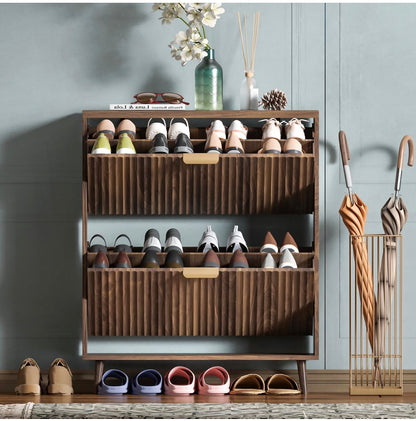 Shoe Cabinet Storage Modern Freestanding Organizer with 2 Flip Drawers Narrow Shoe Rack for Entryway (Walnut) (New in Box; Needs to be Assembled)