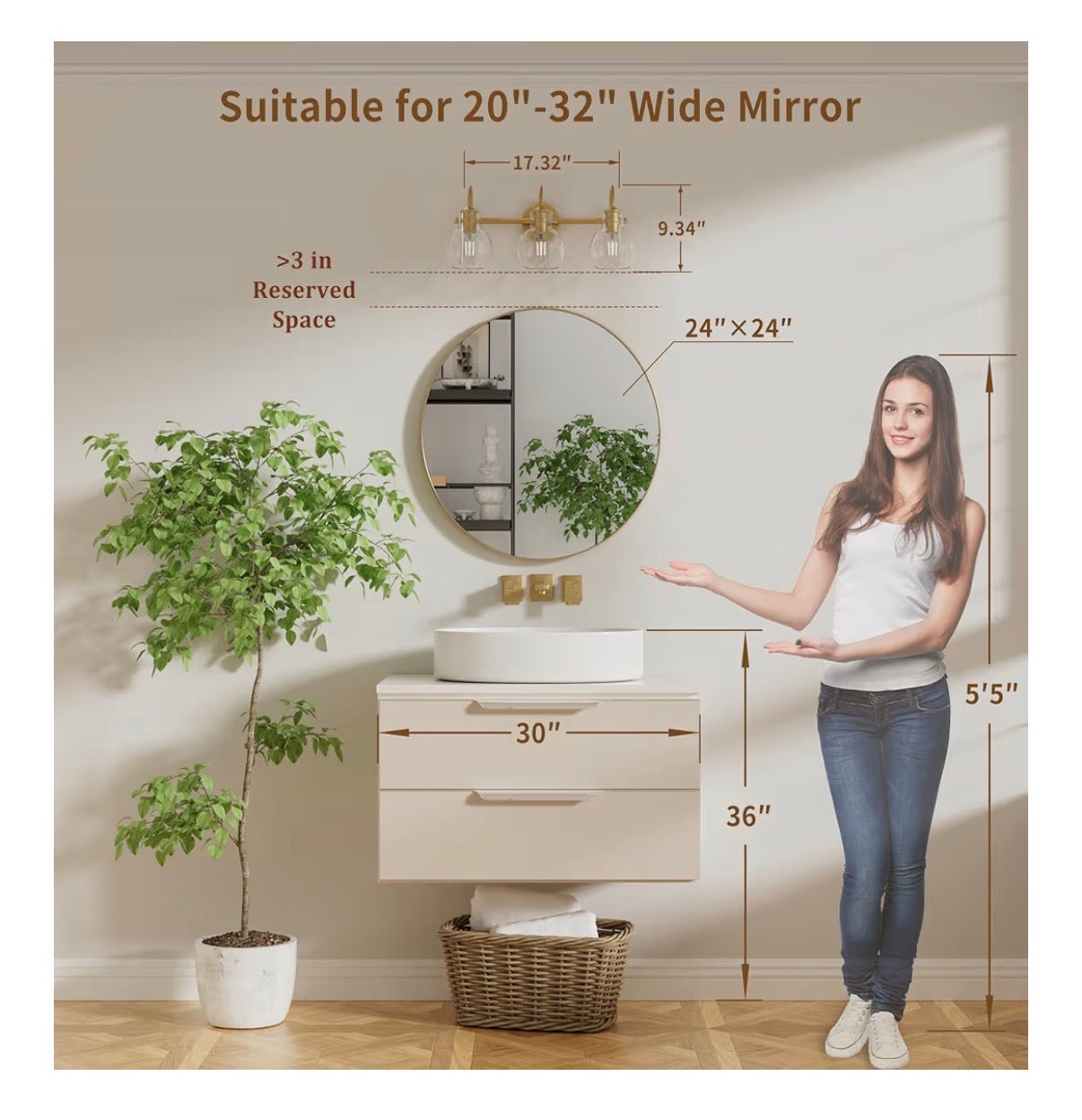 Primeplus Gold Vanity Light 3 Light Bathroom Light Fixtures, Modern Bathroom Vanity Lights Fixtures Over Mirror with Clear Gloe Glass Shade, Gold Wall Sconces for Bathroom Hallway E26 Base