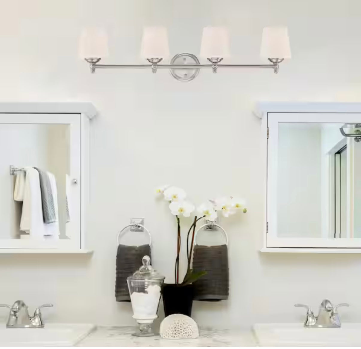 Darcy 36" 4-light brushed nickel transitional vanity light with white opal glass shade