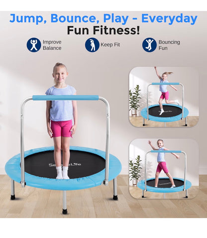 SereneLife 36 Inch Foldable Mini Trampoline for Kids Compact Fitness Rebounder with Foam Handle Safe, Stable Exercise Trampoline with 330 lbs Max Load for Indoor/Outdoor Active Play & Exercise (Light Blue) (New in Box)