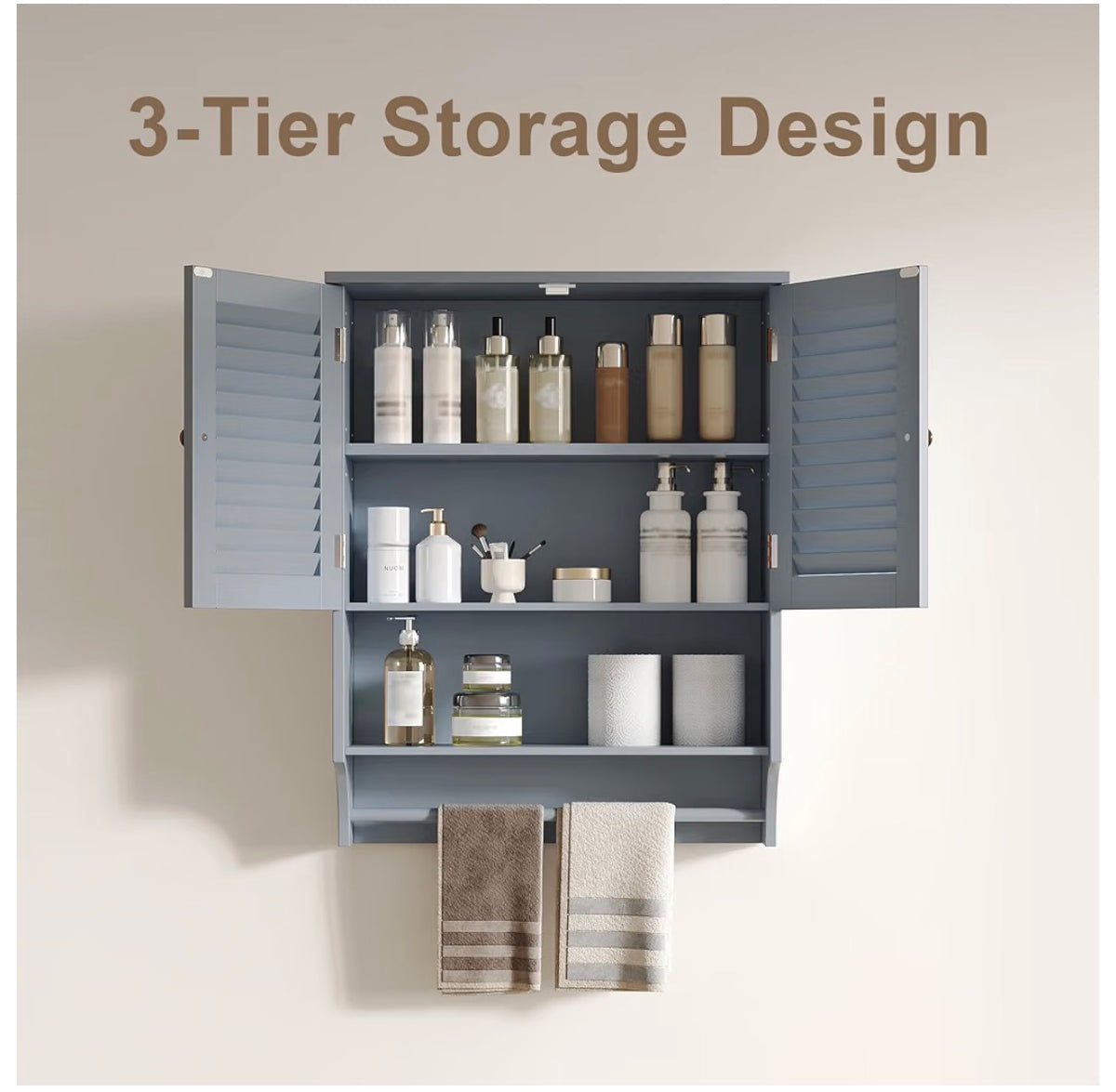 Bathrrom Wall Cabinet with Towel Bar and Ample Storage 23.6 Inch Length X 8.8 Inch Width X 29.5 Inch Height Medicine Cabinet, Over the Toilet Space Saver Storage Cabinet with Adjustable Shelf (Gray) (New in Box)