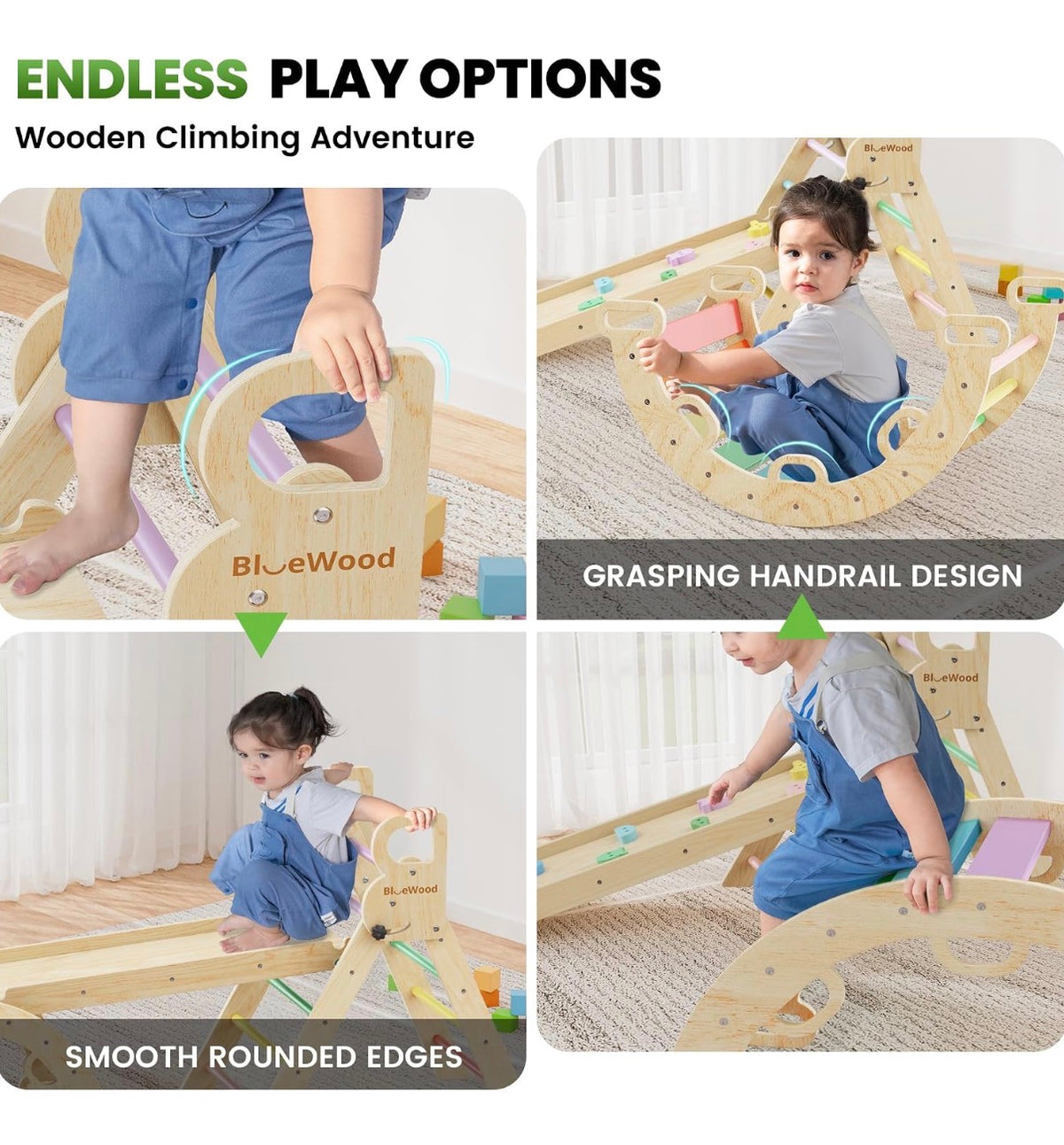 Pikler Triangle Set with Safe Handle, Climbing Toy for 1-3 Years Patented Safety Design, Foldable 7-in-1 with Wooden Car, standard Size (Rainbow) (New in Box)