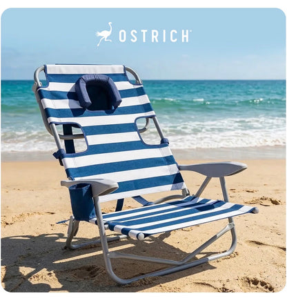 Ostrich The Heavy Duty Backpacker, Portable Beach Chair with Face Hole Adjustable Lounge Chair with Cup Holder 325lb Capacity (Blue Stripes) (New in Box)