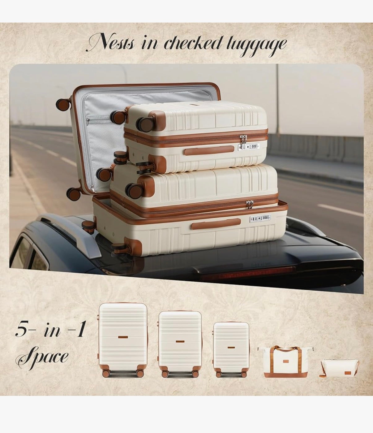 Luggage Sets with Spinner Wheels, PC + ABS Hard Shell Travel Luggage, Lightweight Carry-On Suitcases with TSA Lock, YKK Zippers (Beige) (New in Box)