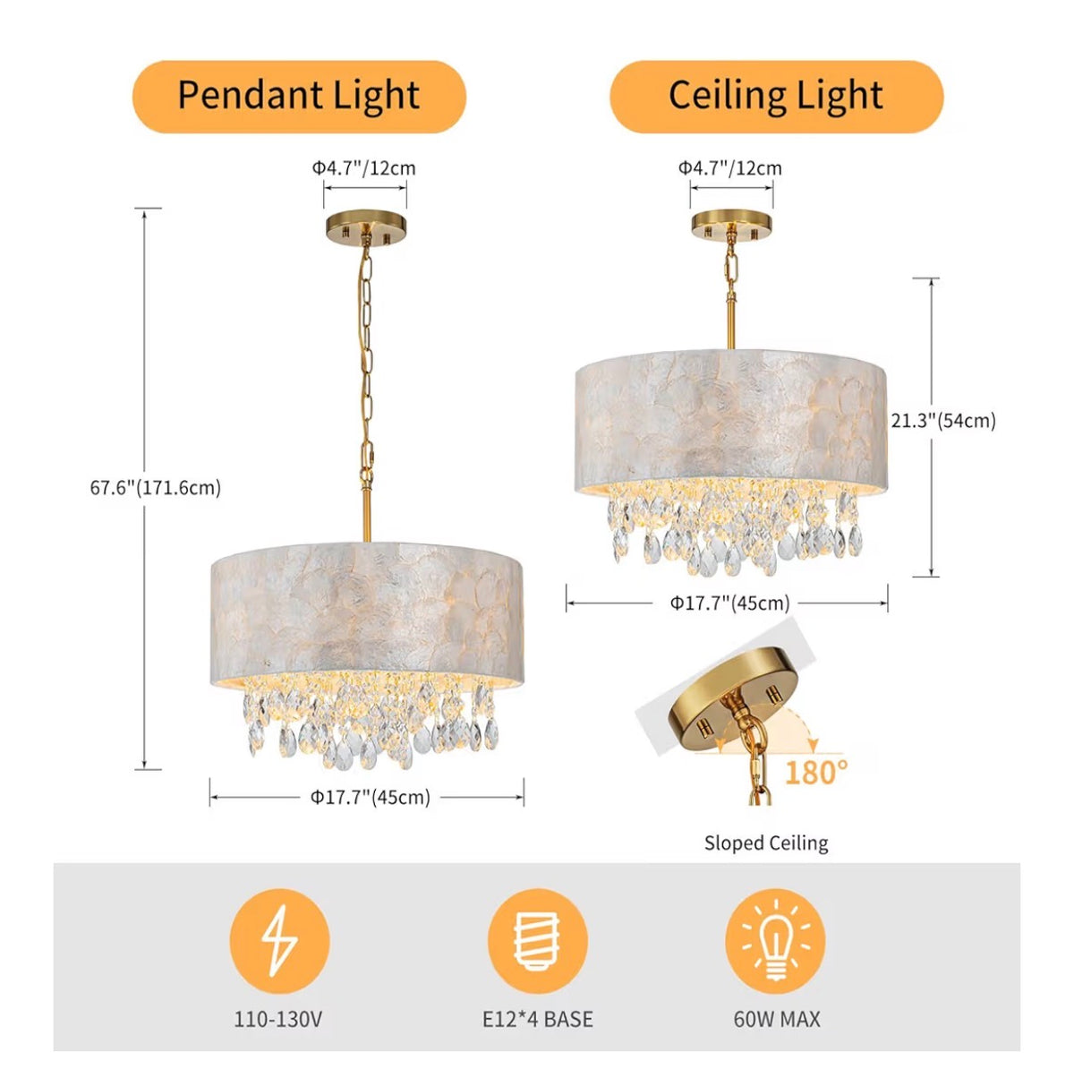18 Inch Drum Capiz Shell Crystal Chandelier, 4 Light Coastal Style Light Fixture for Dining Room, Living Room, 18 Inch Diameter X 21-68 Inch Adjustable, K9 Crystal, Shell Lampshade & Gold Finish (New in Box)