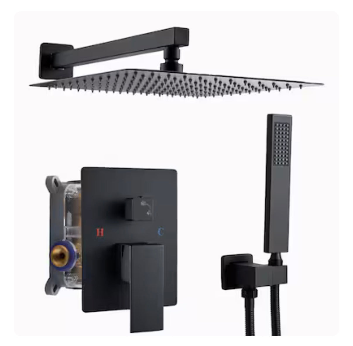 Modern Matte Black 12 Inch Dual Head Built In Shower Faucet System with 2 Way Diverter Pressure Balanced Valve Included