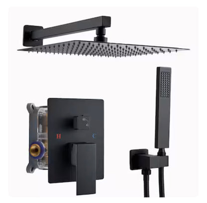 Modern Matte Black 12 Inch Dual Head Built In Shower Faucet System with 2 Way Diverter Pressure Balanced Valve Included