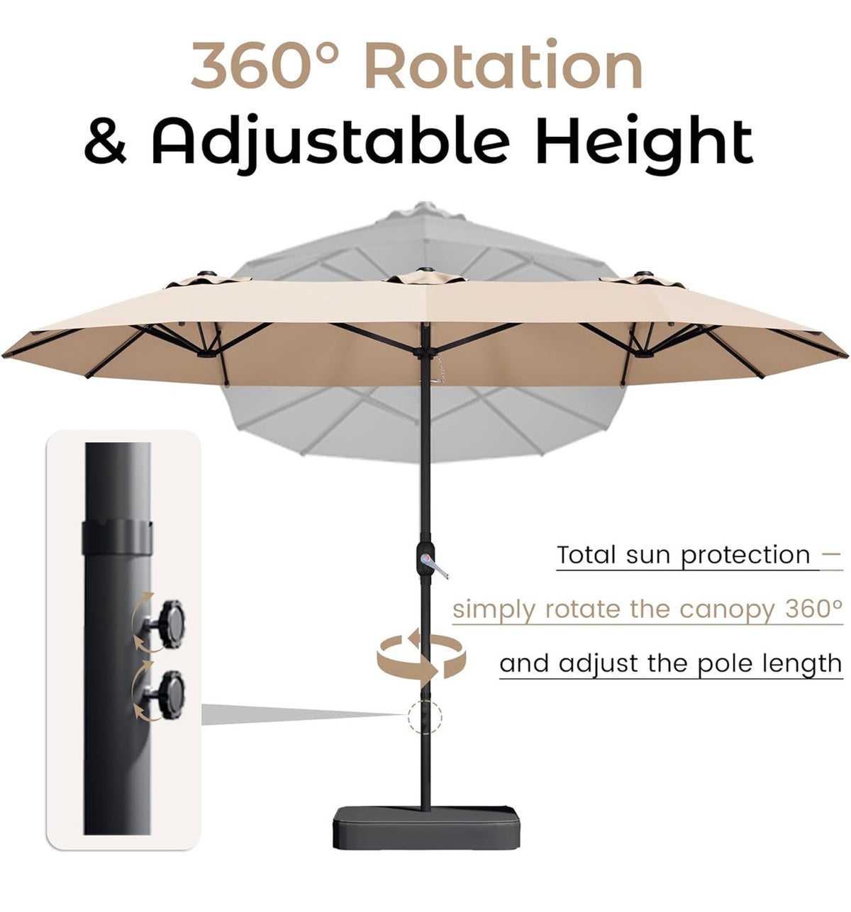 15 Ft. Patio Umbrella with Base, Large Double Sided Retangular Umbrella Triple Head Umbrella with Crank Handle, Market Umbrella for Poolside, Garden, Deck, Backyard, Beach (Beige) (New in Box)