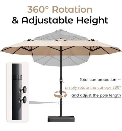 15 Ft. Patio Umbrella with Base, Large Double Sided Retangular Umbrella Triple Head Umbrella with Crank Handle, Market Umbrella for Poolside, Garden, Deck, Backyard, Beach (Beige) (New in Box)