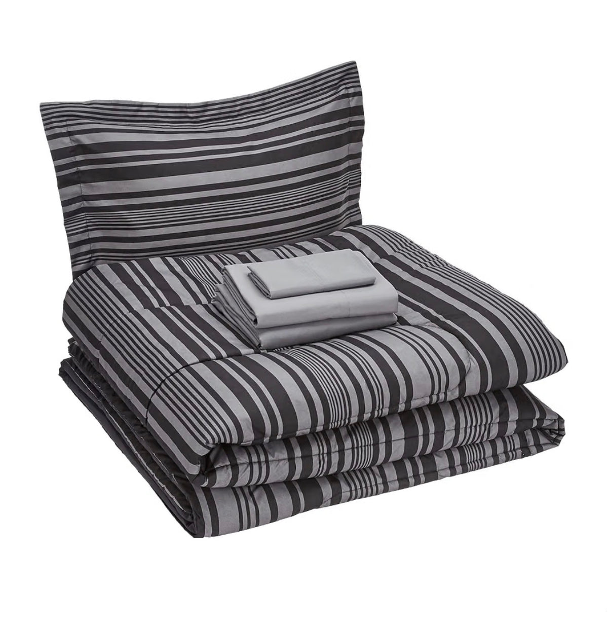 Amazon Basics 5 Piece Lightweight Microfiber Comforter Set with Sheets, Bed in a Bag, Gray Calvin Striped Bedding Twin/Twin XL (New in Box)