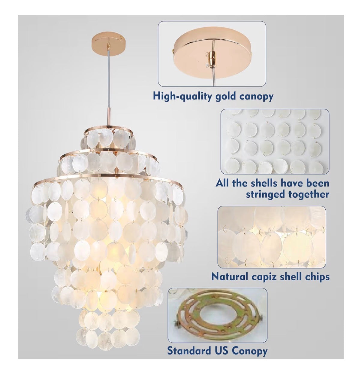 Capiz Shell Chandelier 18 Inch Gold Coastal Chandelier Light Fixture with 4 Lights Capiz Seashell Pendant for living Room Foyer, Kitchen Island Entryway, Dining Room Bedroom, LED Bulb Included (New in Box)