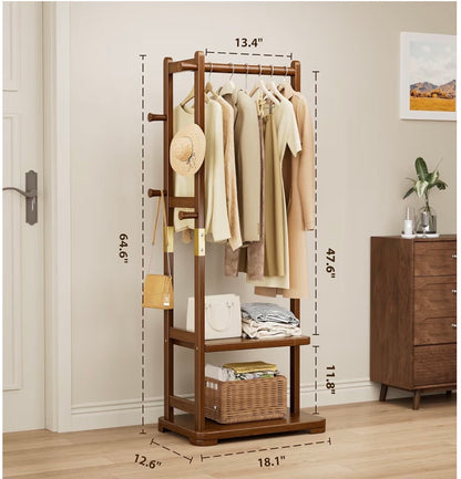 Coat Rack Solid Wood Clothes Rack with Two Shelves & Four Hooks for Hanging Clothes, Garments, and Hats